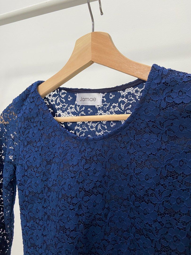 Navy blue lace top long sleeve online