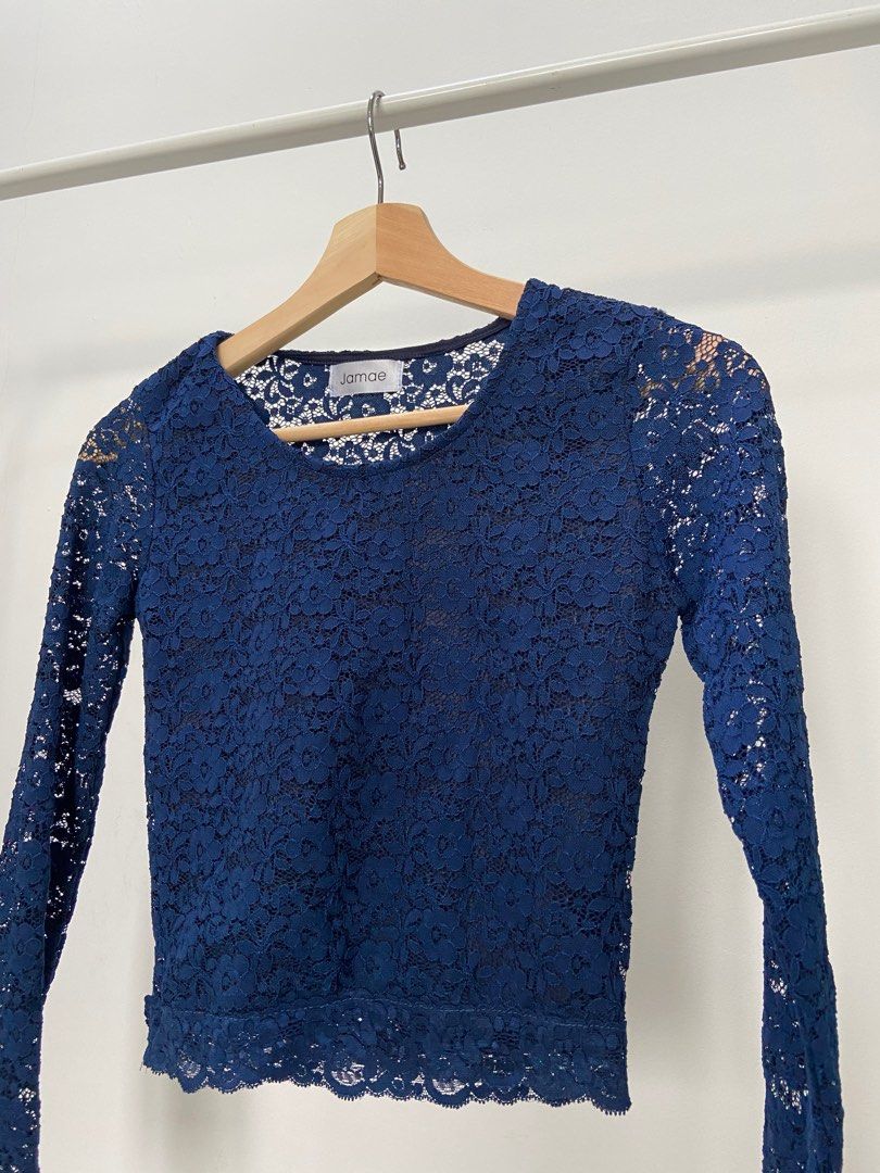 Navy blue lace top top long sleeve