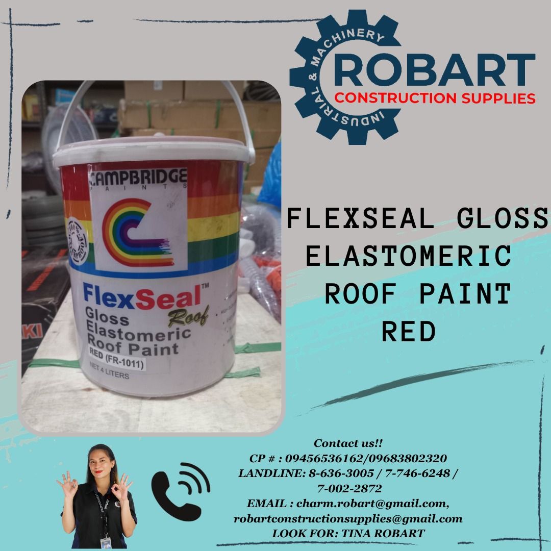 FlexSeal Gloss Elastomeric Roof Paint 4L (Category: Construction & Building Materials) located in Manila. Submitted by tina.sales (Listing ID 1259865521, Image 1). Description: FlexSeal Gloss Elastomeric Roof Paint 4L color: red ₱970 𝒩𝑜𝓉𝑒: 𝒫𝓇𝒾𝒸𝑒𝓈 𝒶𝓇𝑒 𝓈𝓊𝒷𝒿𝑒𝒸𝓉 𝓉𝑜 𝒸𝒽𝒶𝓃𝑔𝑒 𝓌𝒾𝓉𝒽𝑜𝓊𝓉 𝓅𝓇𝒾𝑜𝓇 𝓃𝑜𝓉𝒾𝒸𝑒 SEND US MESSAGE FOR INQUIRIES ‼️‼️ 0 9 4 5 6 5 3 6 1 6 2 0 9 6 8 3 8 0 2 3 2 0 LANDLINE: 8 6 3 6 3 0 0 5 / 7 7 4 6