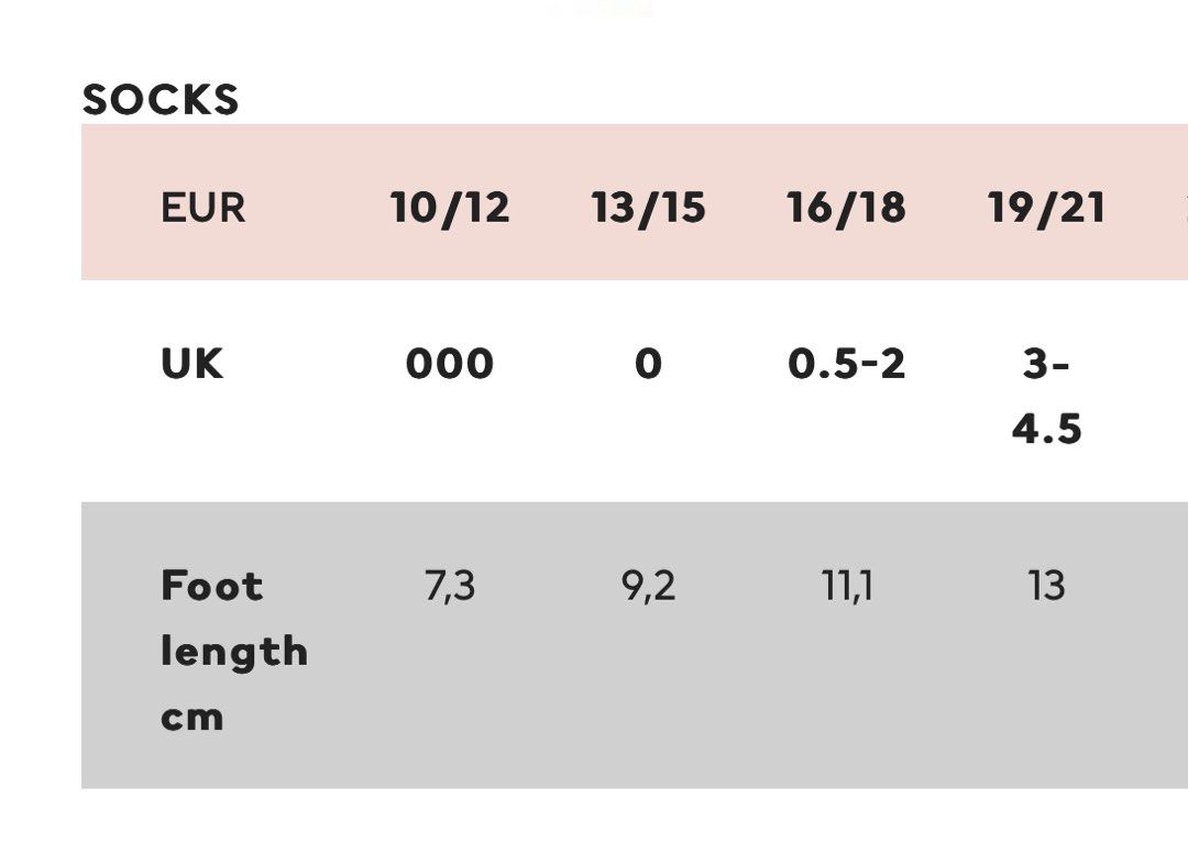 H&m sock size 2025