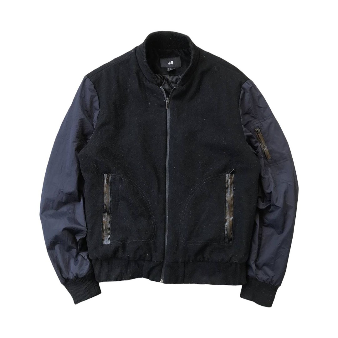 H&M Black Bomber Flight Jacket Nylon Sleeves, Men's Fashion, Coats