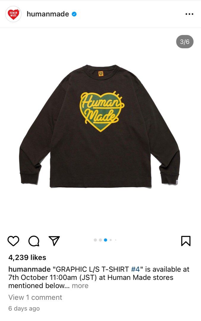 Humanmade 薄長袖上衣衣服(全新, 他的時尚, 上身及套裝, T恤和Polo衫在