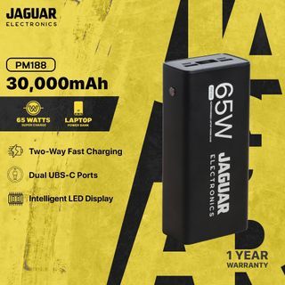 JAGUAR ELECTRONICS Laptop Power Bank PM188 PD 65W 30000mAh with FREE 100W USB-C Cable and Pouch- Black