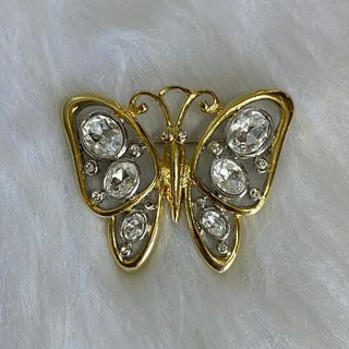 Japan Vintage Gold & Silver Tone Rhinestones Butterfly Brooch
