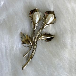 Japan Vintage Silver Tone Pearl Tulip Flower Brooch