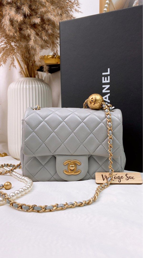JZC7776 Grey Lambskin Mini Square Flap Bag with Pearl Crush, Luxury, Bags &  Wallets on Carousell