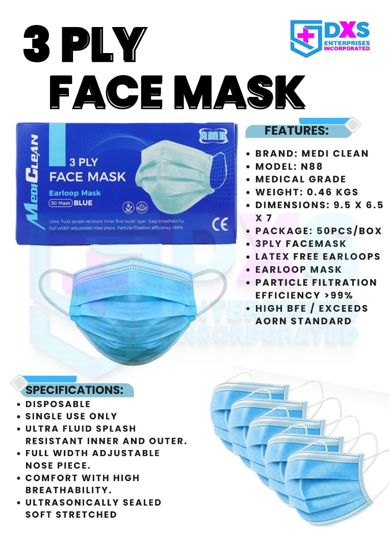 MEDI CLEAN DISPOSABLE FACE MASK, Health & Nutrition, Medical Supplies & Tools on Carousell