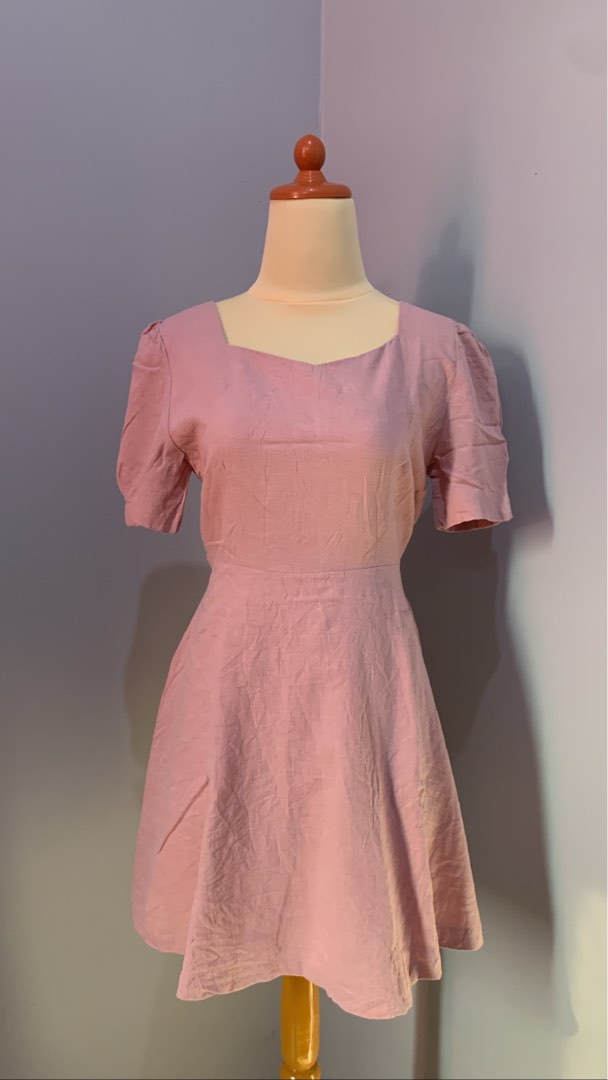 Mididress pink korean dress puffy square neck, Fesyen Wanita, Pakaian ...
