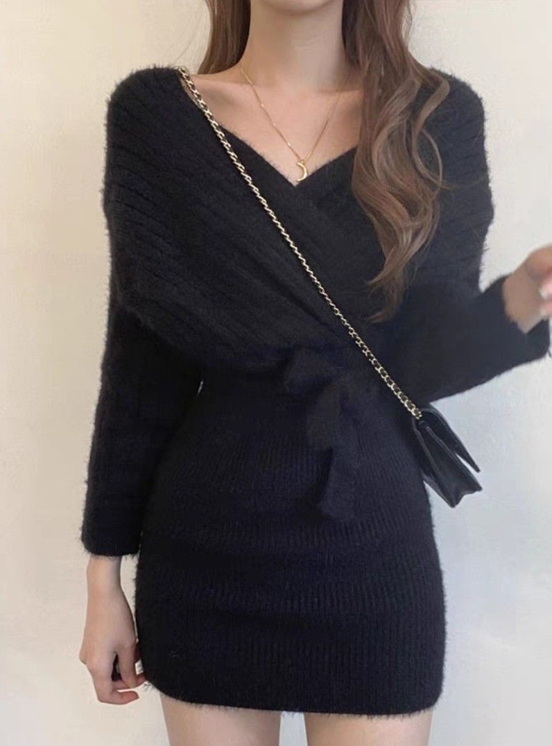 OL 女神 OL女神針織v領連身裙收腰蝴蝶結, 女裝, 連身裙& 套裝, 連身裙- Carousell