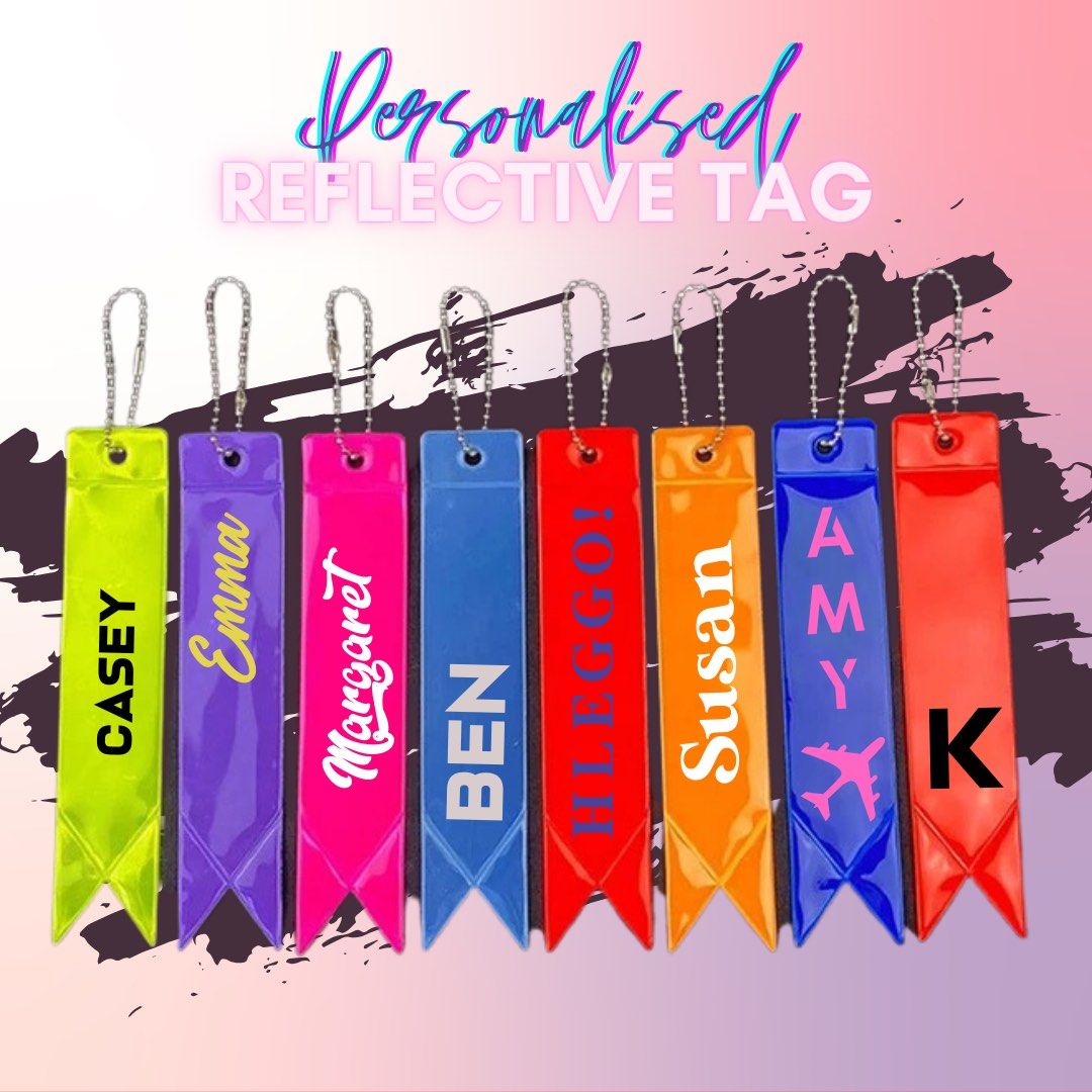 PERSONALISED REFLECTIVE TAG KEYCHAIN PURPLE GREEN PINK ORANGE RED BLUE GREEN CUSTOMISED NAME LOGO BAG LUGGAGE TAG STRAP GIFTS TEACHERS