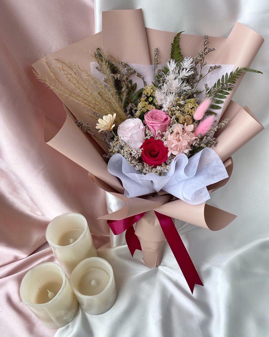 Preserved Flowers Bouquet For Mom, Pink Natural Real Roses For Delivery Prime, Hand Made Bouquet With Pop Up Greeting Card, Gifts For Mother's Day