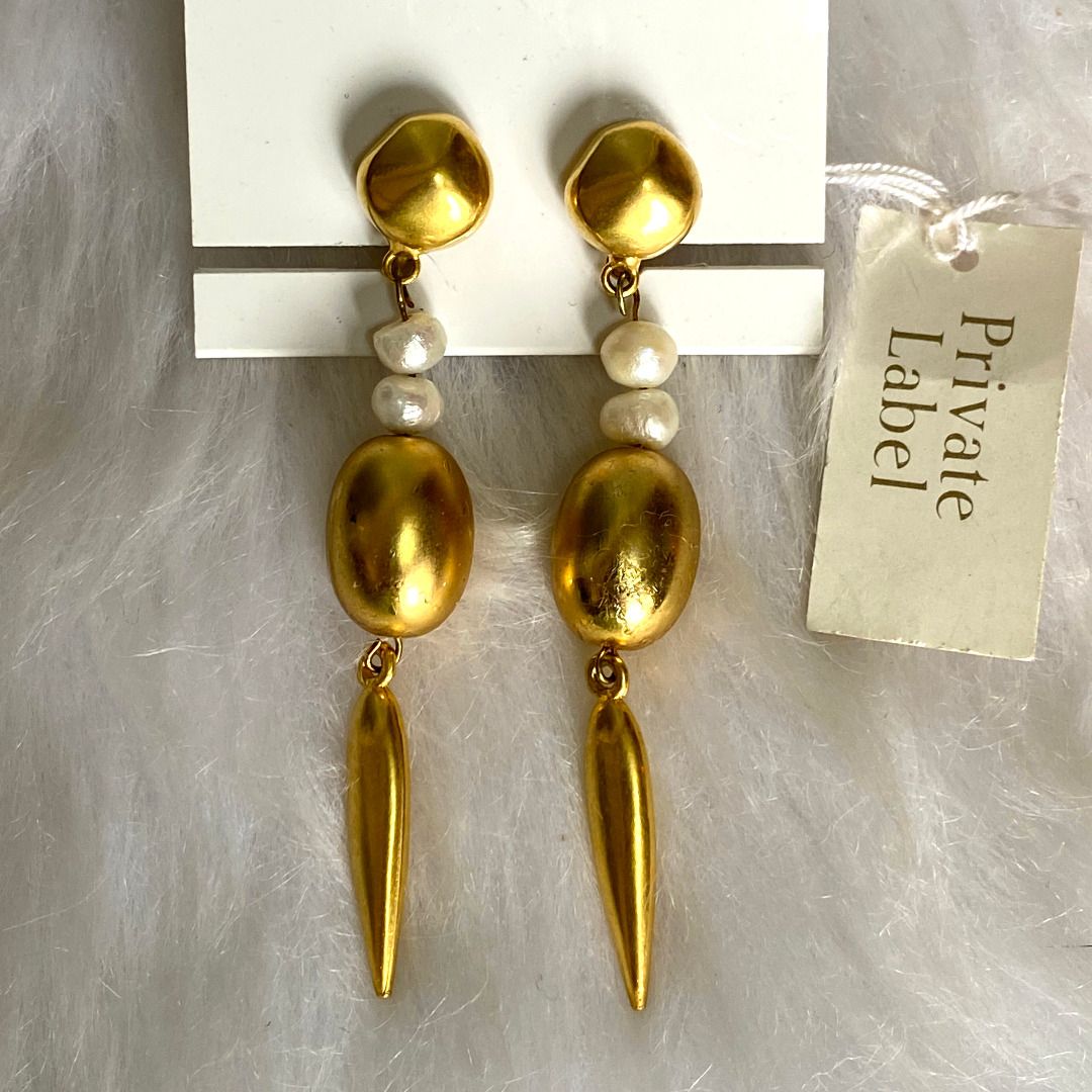 Private Label Gold Tone Real Pearl Drop Earrings, Women's Fashion ...