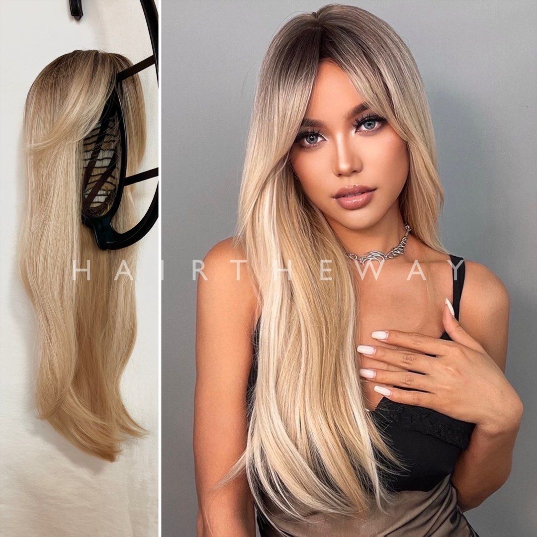 RYLIE Blonde Long Straight Hair Wig Curtain Bangs Fringe