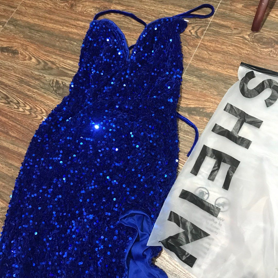 SHEIN BLUE SEQUINS MAXI BACKLESS SEXY SPLIT THIGH BODYCON GOWN DRESS,  Women's Fashion, Dresses & Sets, Evening dresses & gowns on Carousell