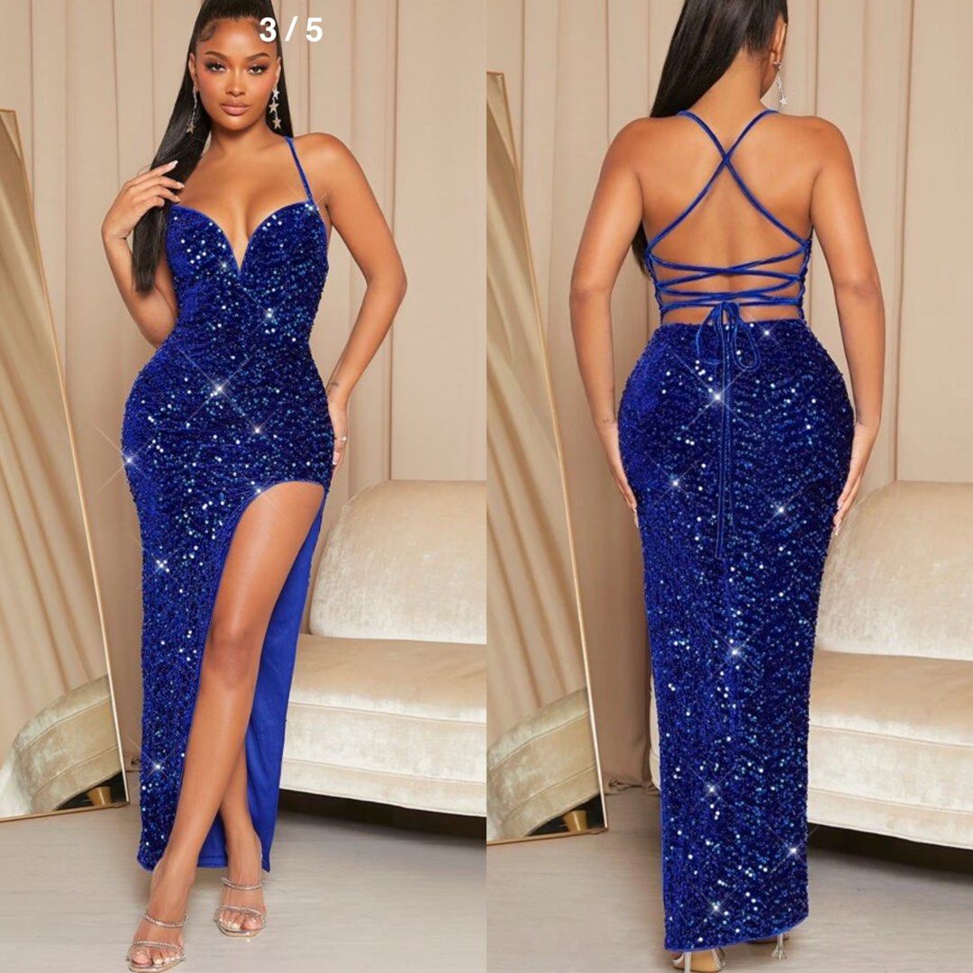 SHEIN BLUE SEQUINS MAXI BACKLESS SEXY SPLIT THIGH BODYCON GOWN