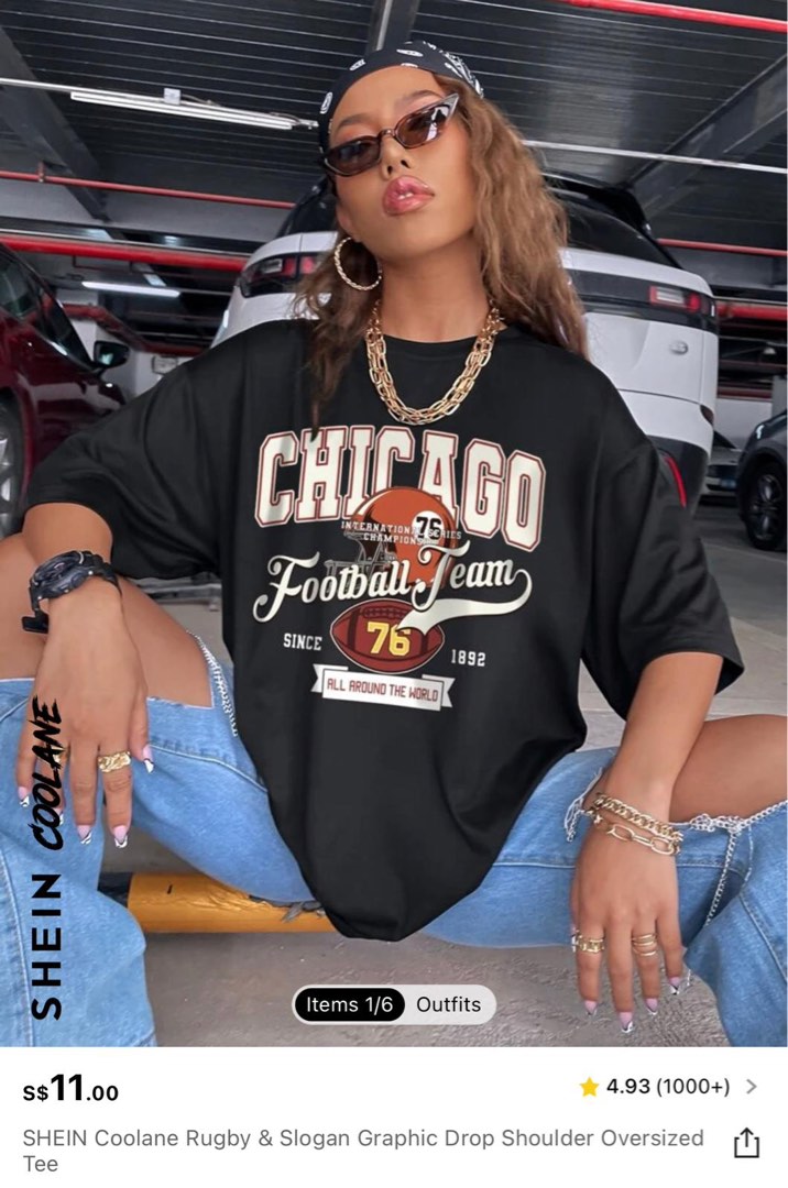 SHEIN EZwear Rugby & Slogan Graphic Drop Shoulder Oversized Tee