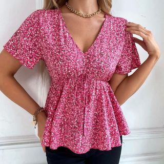 SHEIN Ditsy Floral Tie Front Peplum Blouse