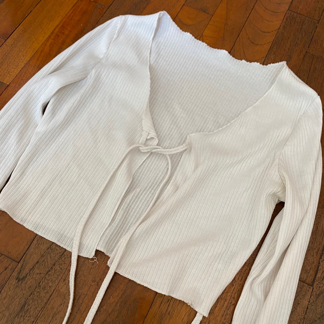 white front tie cardigan Women s Fashion Tops Longsleeves on