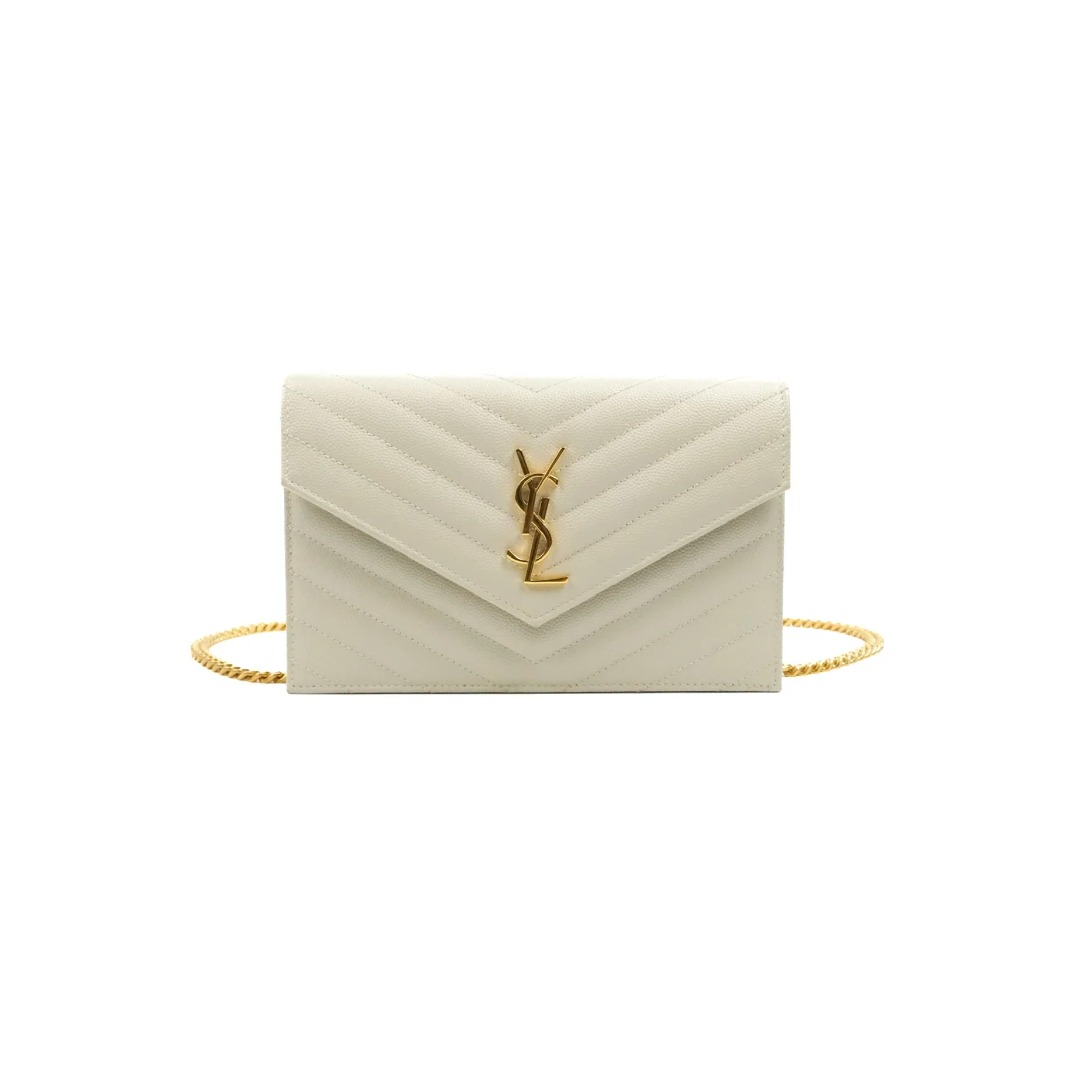 YSL Wallet on chain in Grained Leather Crema Solft Gold Hardware