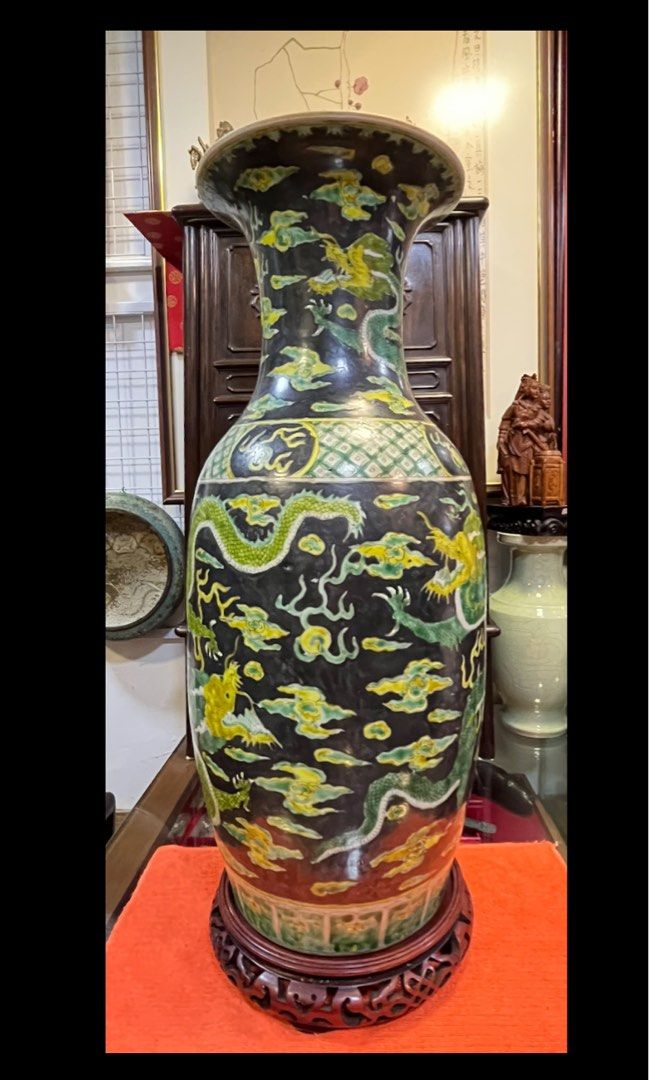 清時代 素三彩神獸紋 大花瓶 極品！直径22cm、高さ46 cm-
