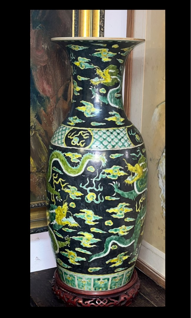 清時代 素三彩神獸紋 大花瓶 極品！直径22cm、高さ46 cm-