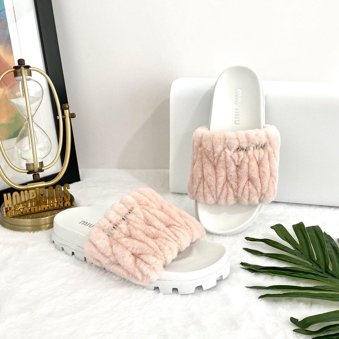 Authentic Miu Miu Pink Matelasse Shearling Slides
