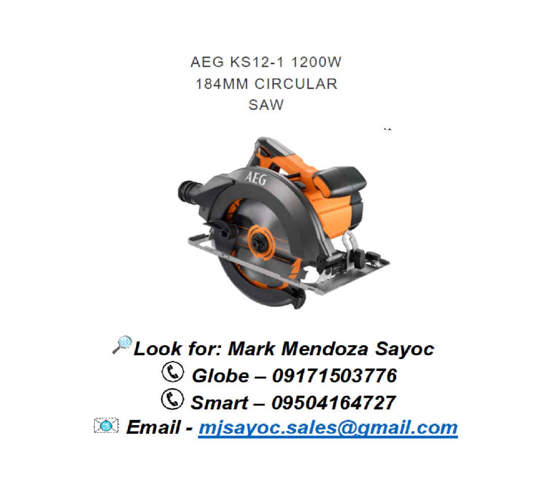 AEG KS12 1 1200W 184MM CIRCULAR SAW Power input 1 200 watts No load Speed 5 500 rpm Bore Size 20mm Max. Depth of Cut 45 42mm Blade Size 184mm Max.