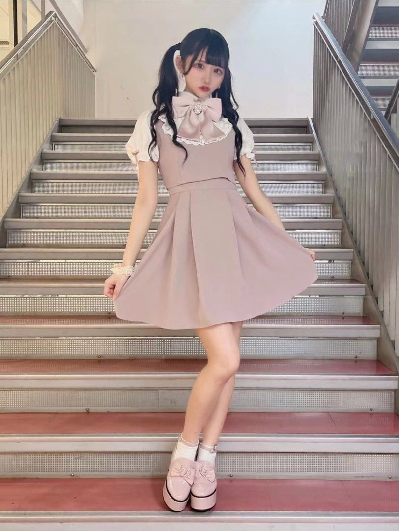 全新日系Ank Rouge 量產型粉色配大蝴蝶結🎀OL 通勤斯文裙洋裝連身裙