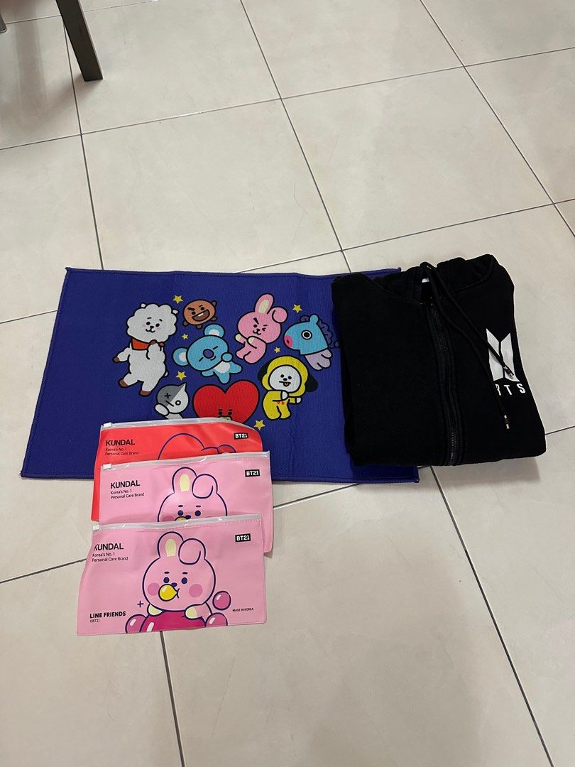 BTS random package (Category: Coats, Jackets and Outerwear) located in Petaling Jaya. Submitted by kaimiingho (Listing ID 1260035939, Image 1). Description: Hoodie is bought from Korean Street in Japan, UNISEX BT21 Mat and pouches are Brand New, letting go everything *Negotiable*!!.