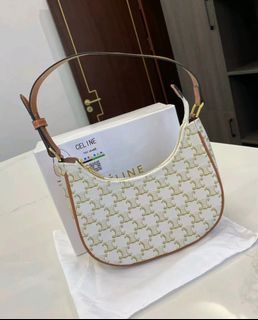 CELINE Lambskin Triomphe Canvas Clutch With Chain White Tan 760416