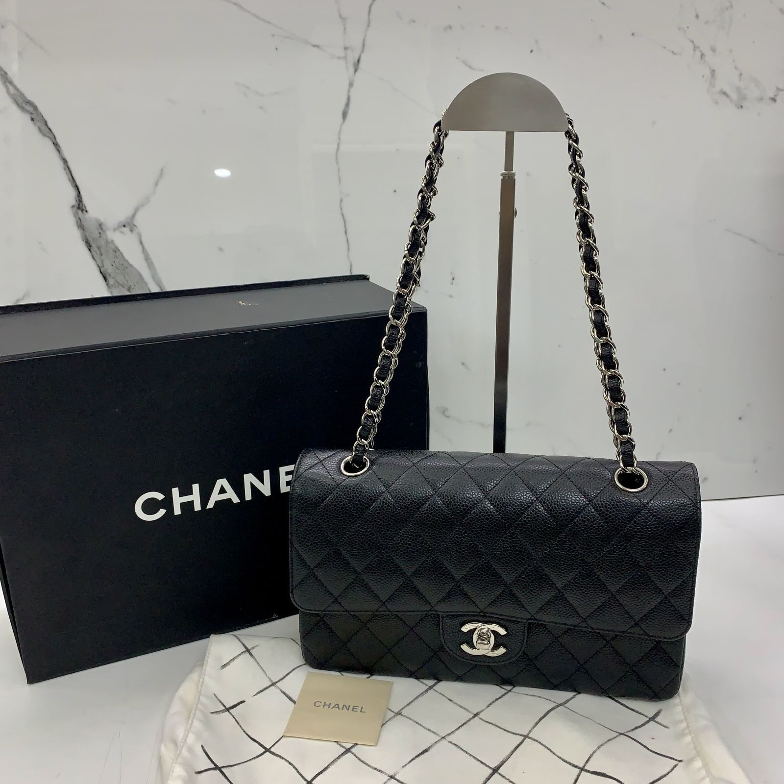 CHANEL CAVIAR SKIN BLACK MATELASSE CLASSIC FLAP SHW NO.14 NO CARD SHOULDER BAG 237032979 WE