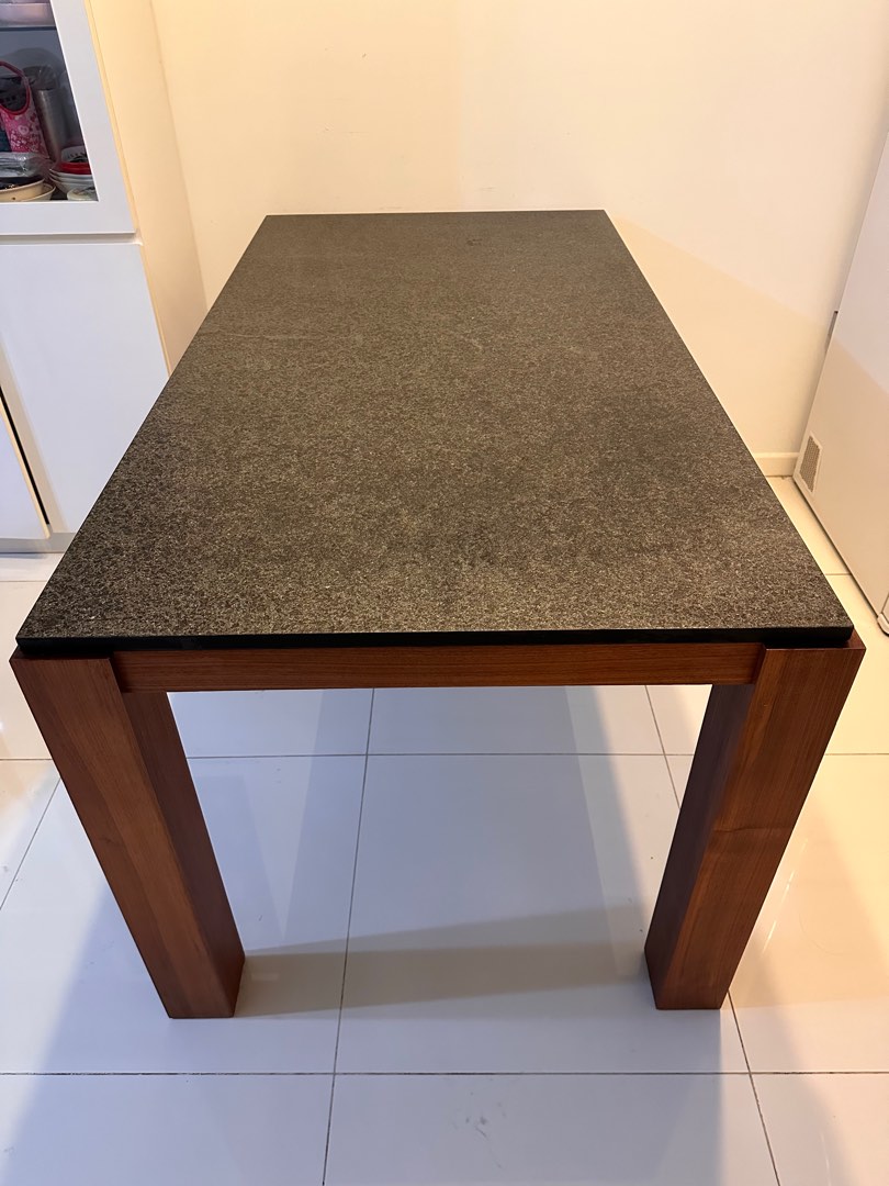 Granite top dining table with solid wood legs, Furniture & Home Living