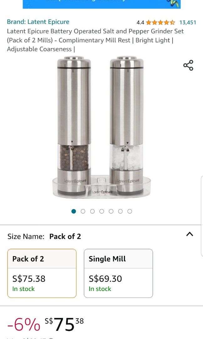 Latent Epicure Battery Operated Salt and Pepper Grinder Set (Pack of 2  Mills) 
