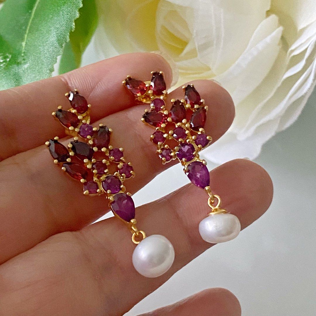Garnet with pearl earrings Women s Fashion Jewelry Organisers