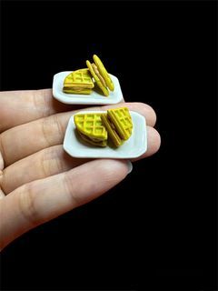 Handmade Miniature Pandan Waffle / Original with Peanut Butter, Strawberry, Kaya, chocolate, clay, 1 plate