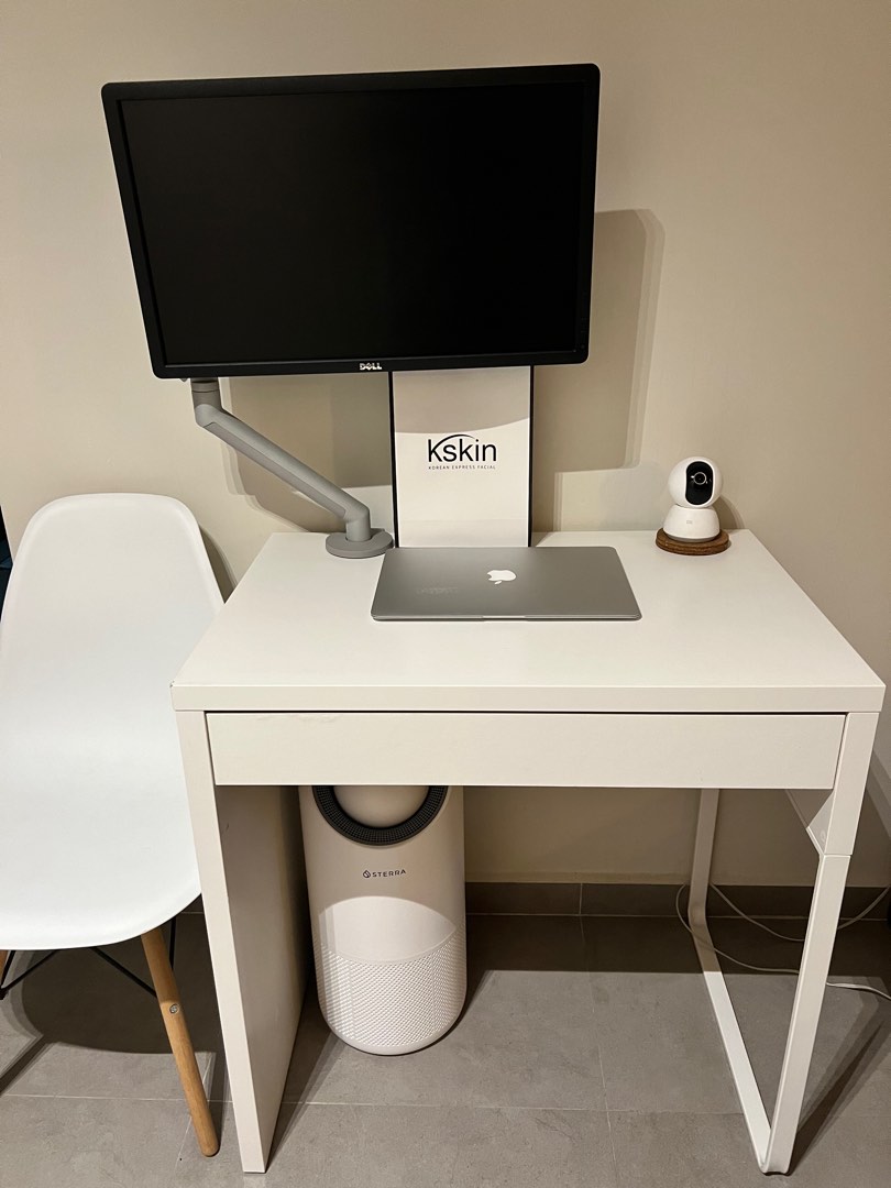 Ikea Micke Table, Ikeas Side table, Chair, Dell Computer Monitor with