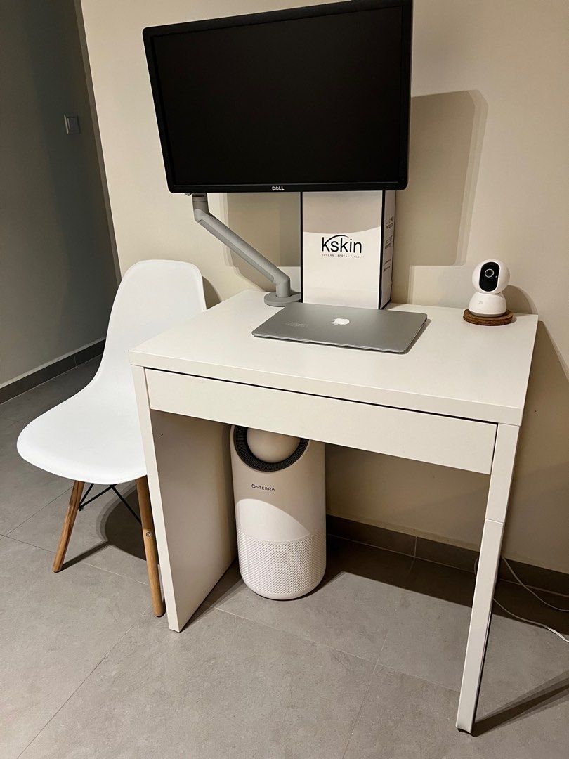 Ikea Micke Table, Ikeas Side table, Chair, Dell Computer Monitor with