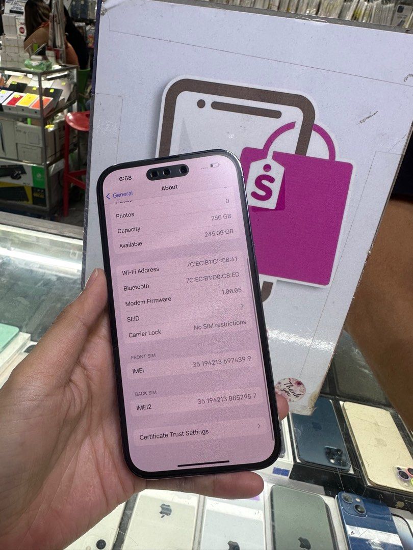 iphone 14 pro 256gb dual sim 2ndhand (Category: iPhone 14 Series) located in Cainta. Submitted by vine_gadget_shop (Listing ID 1260089431, Image 3). Description: iphone 14 pro 256gb dual sim 2ndhand hk variant no issue check all u want ✅free clearcase ✅free tempered pick up store greenhills shopping center we accept trade in we accept credit card installment we do cod and door to door we ship nationwide for fast transaction call 09277368323 look 