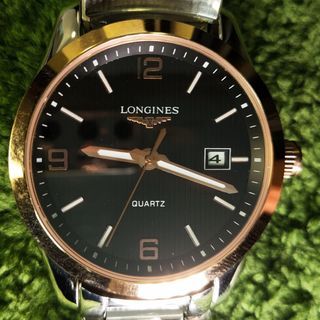 Longines L2.786.5 Men's Wrist Watch Stainless Steel Date  Black Face Gold Bezel Butterfly Deployant Clasp 5 ATM WR 41mm Quartz