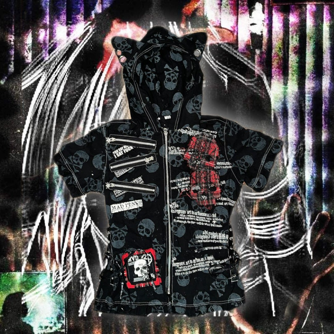 [MAD PUNKS] zipper skull cat vest with actual ear tunnels Emo, Goth