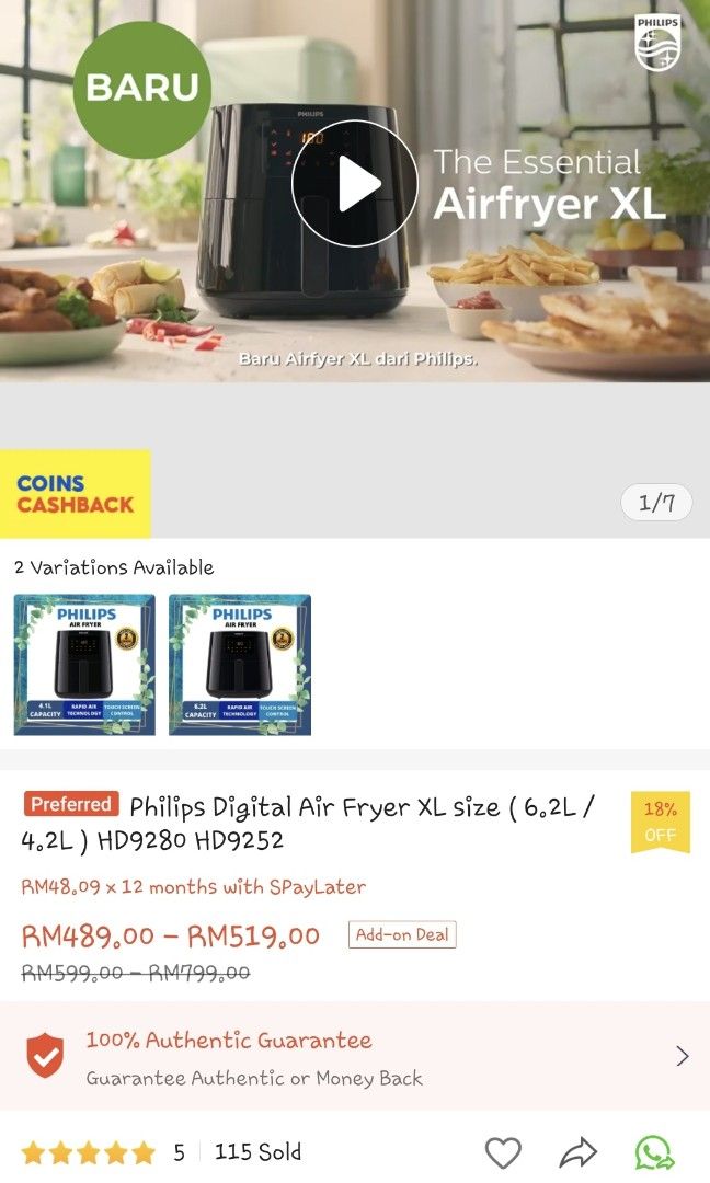 Philips Airfryer XL. Harvey Norman warranty 2025, TV & Home Appliances