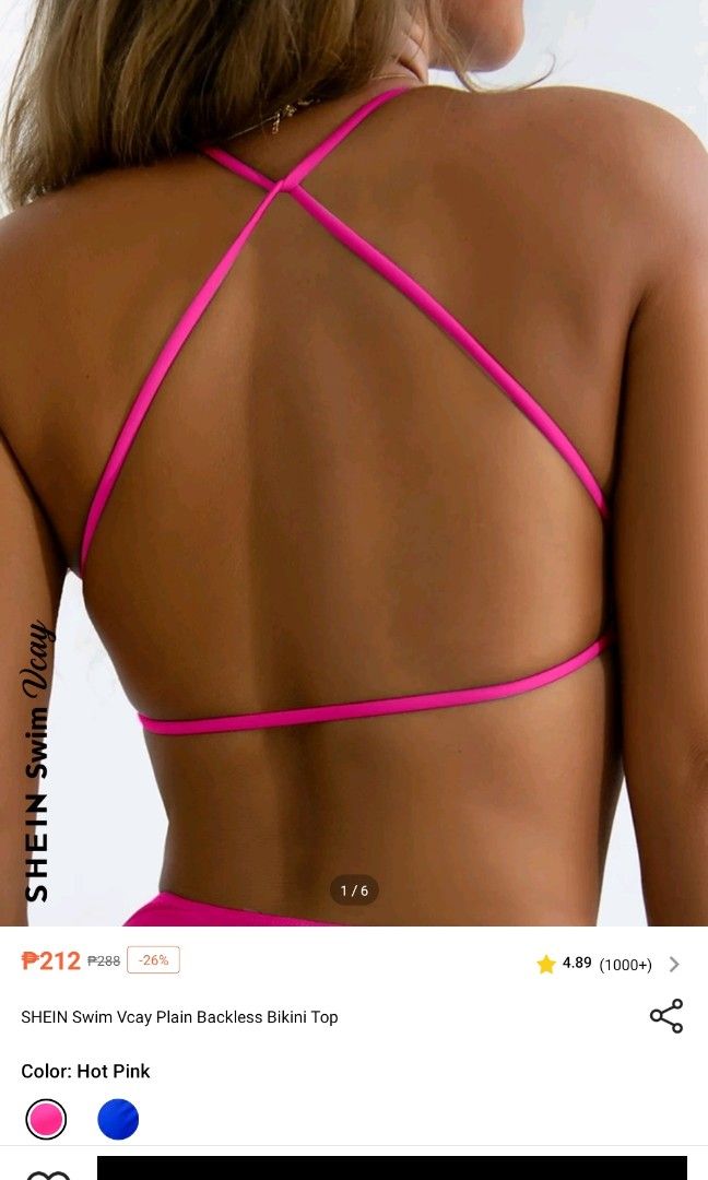 Shein Hot Pink Bikini Top (Category: Bikinis & Swimsuits) located in Pasig City. Submitted by bp_5591 (Listing ID 1259993061, Image 3). Description: Item was delivered and received only yesterday, Oct 13. Size: SMALL Bra Size (US/UK): 32C, 32D, 34A, 34B Bust: 88-92cm RFS: flat chest was emphasized upon trying, not comfy.