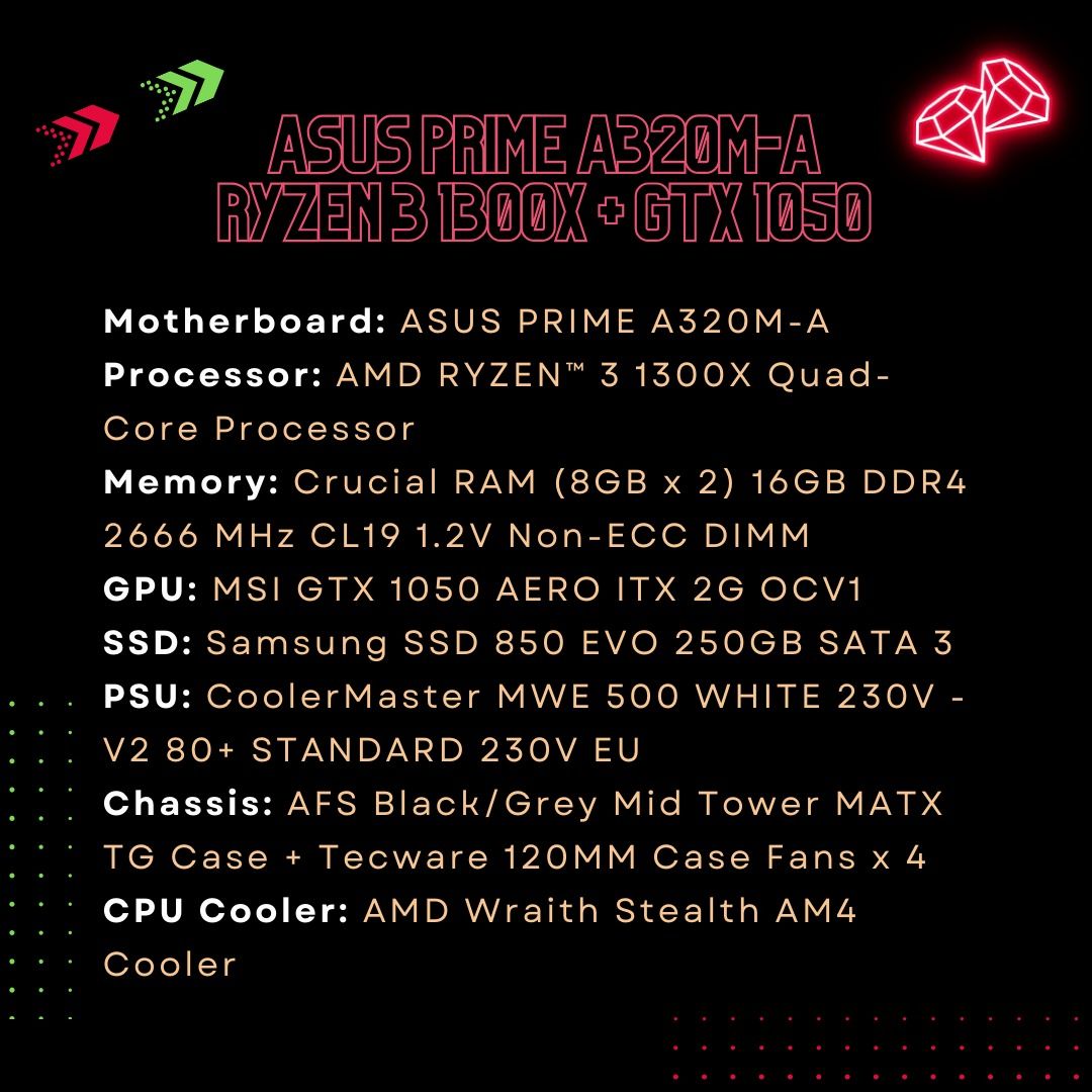 SUMO R U Series AMD RYZEN 3 1300X GAMING PC 4 CORES 4 THREADS GTX 1050 2GB A320 SSD