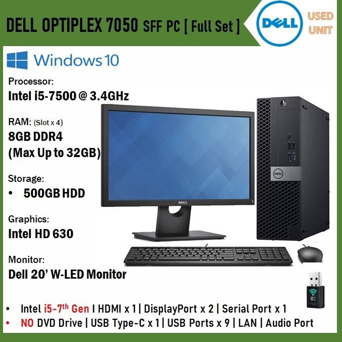 USED, Full Set] Dell 7050 SFF PC Intel i5-7th Gen@ 3.4GHz Dell 20' W-LED  Monitor, Computers  Tech, Desktops on Carousell