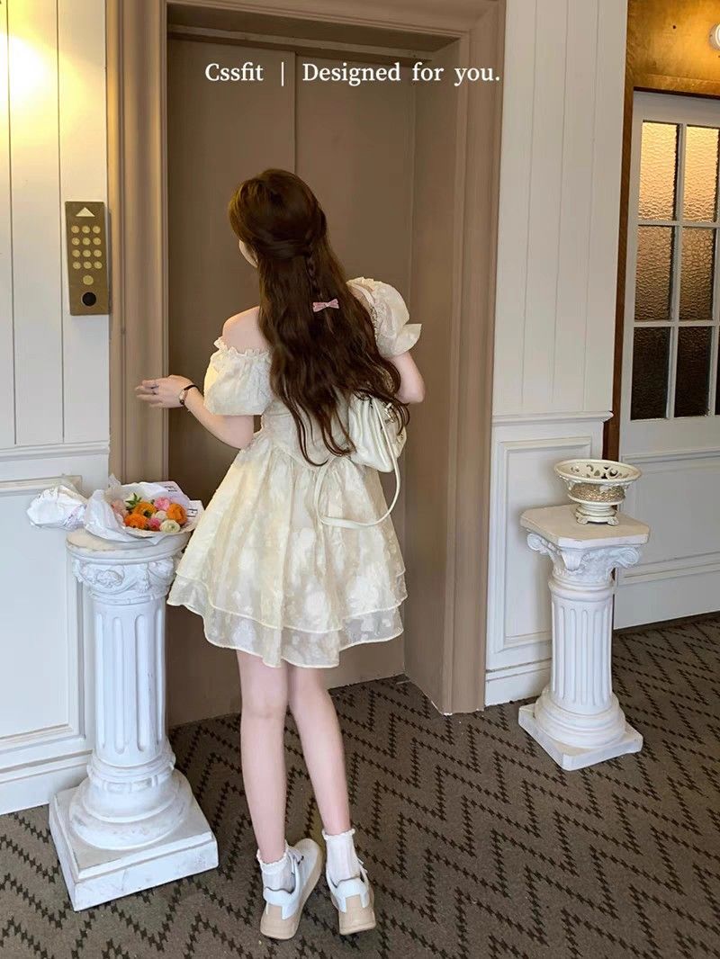 Vintage Cream Tiered Short Dress Women s Fashion Dresses Sets