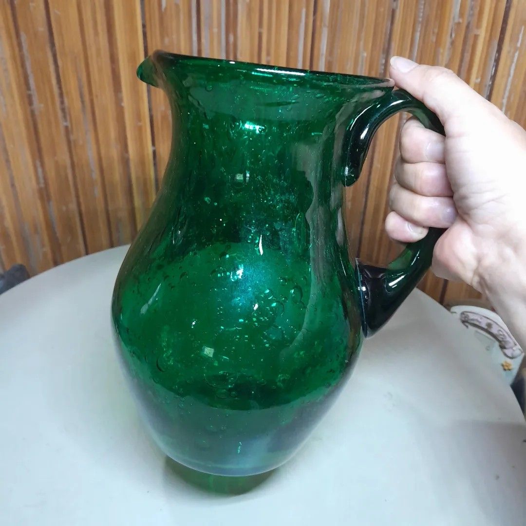 Green Glass Pitcher — Birdie in a Barn, Vintage Event Rentals