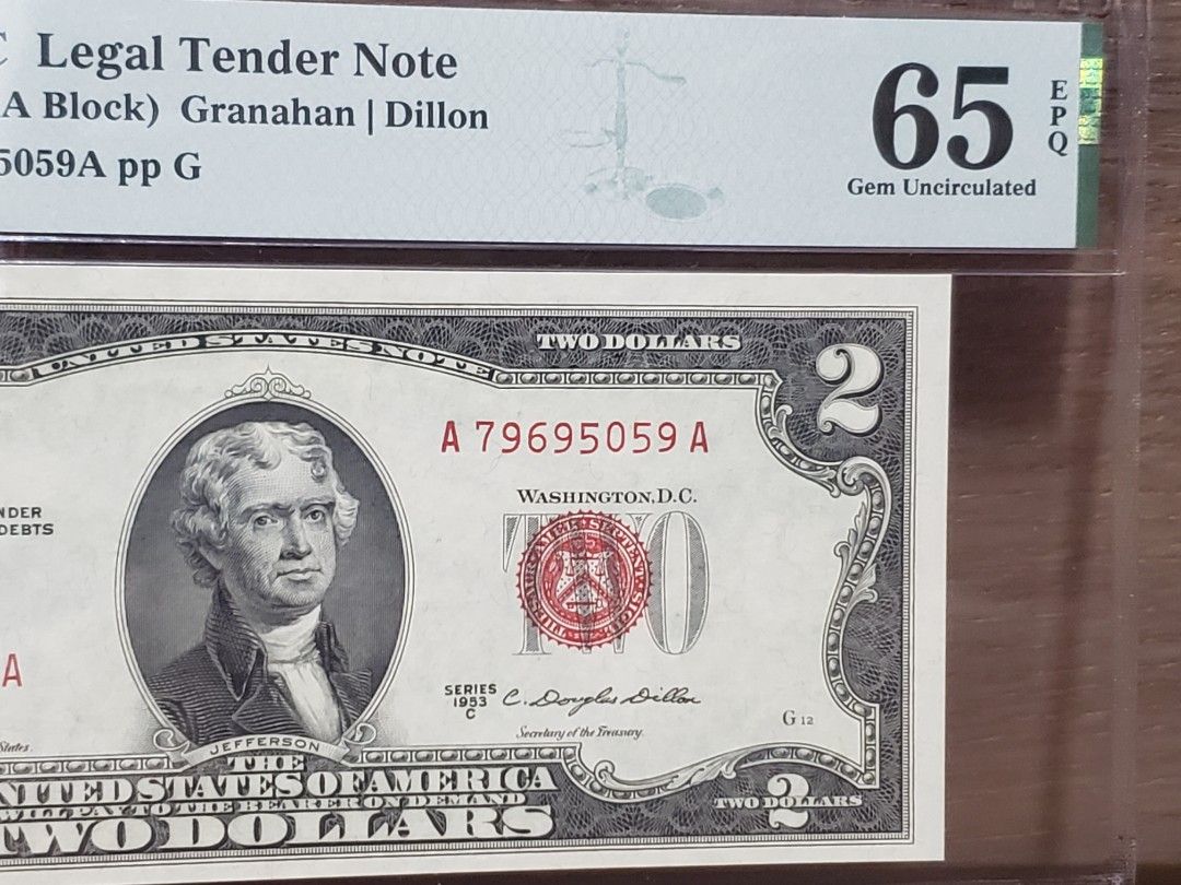 罕有早期1953C版紅印美金2元AA字軌