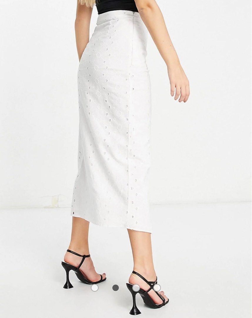 ASOS DESIGN broderie midi skirt with side ruched slit in white