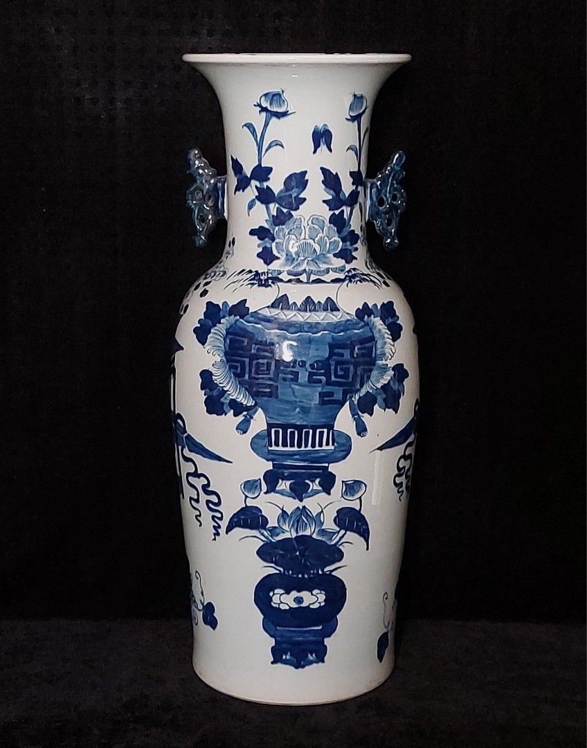 中国美術 青花 纏枝蓮花紋 双耳 瓶 高43cm (AZ763)アンティーク