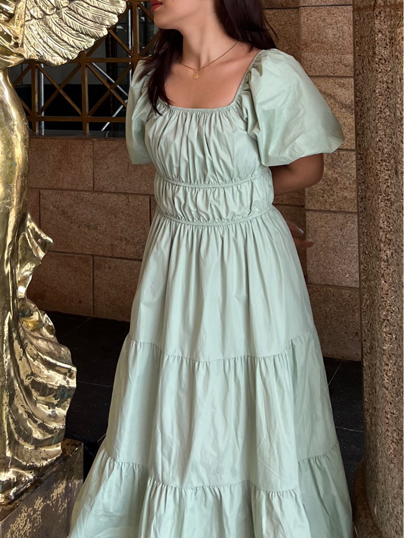 Maxi Dress with Puff Sleeves and Lace-Up Waist - Green main image 1
